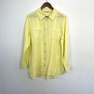 Soft Surroundings Linen Shirt Womens Size L Butter Yellow Button Up Lace